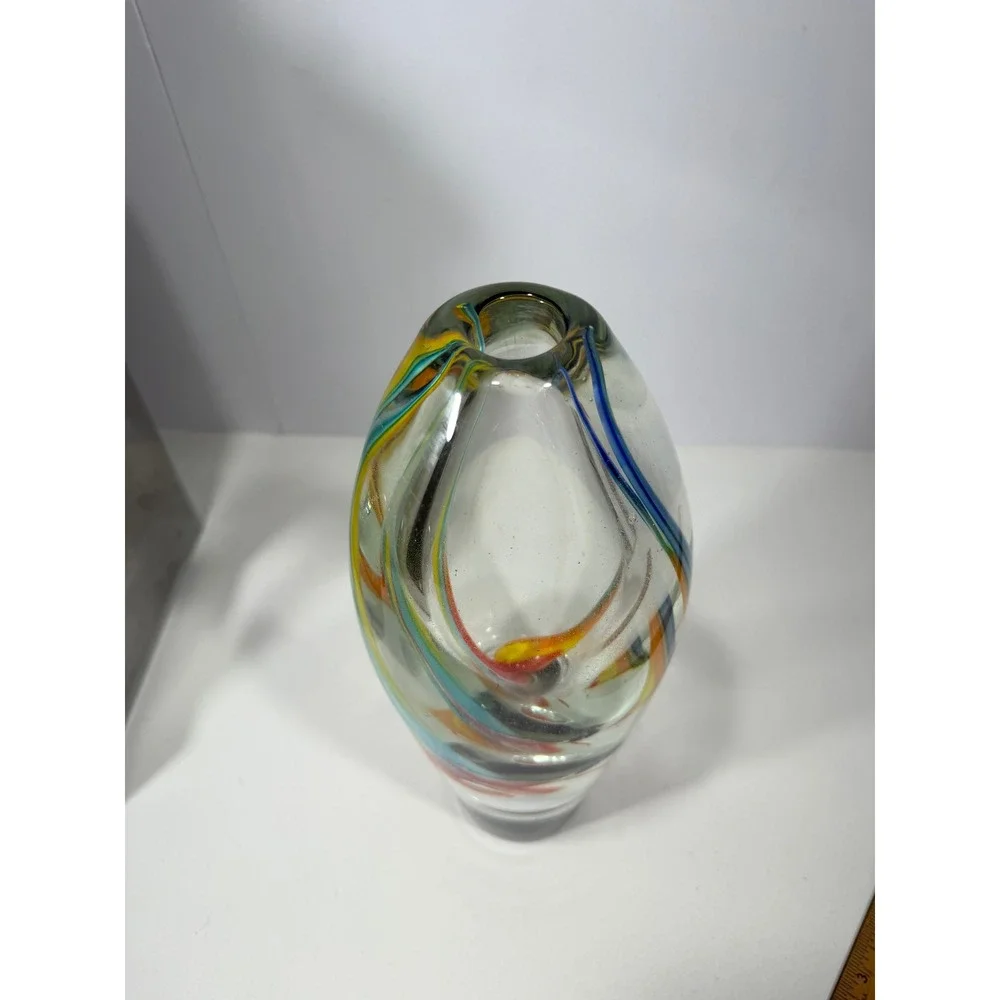 Murano Art Glass Bud Vase Sommerso Style Ribbon Swirl Blue Red Yellow VERY heavy